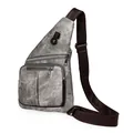 Graue Canvas-Brusttasche mit braunem Kunstlederband und mehreren Reißverschlussfächern - Grau
