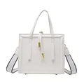 White minimalist square crossbody bag with gold metal accents and wide fabric strap - White