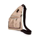 Khakifarbene Crossbody-Tasche aus Canvas mit braunen Riemen und mehreren Reißverschlüssen - Khaki