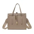 Minimalist taupe square crossbody bag with wide woven strap and gold metal drawstring tips - Khaki