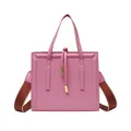 Pink rectangular crossbody bag with smooth leather finish and wide red-brown fabric strap - Pink
