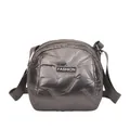 Metallic grey quilted puffer crossbody bag with fashion label and adjustable strap - Large / Gray