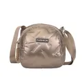 Champagne gold quilted puffer shoulder bag with a black fashion label and wide strap - Champagne
