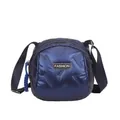 Deep blue quilted puffer crossbody bag with glossy finish and fashion logo strap - Blue