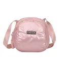 Chic pink quilted puffer crossbody bag with fashion label and wide fabric strap - Pink
