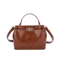 Vintage brown trapezoid crossbody bag with glossy oil leather and golden turn-lock - Brown
