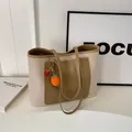 Canvas leather patchwork tote bag in beige and earth tones with orange charm - No Pendant / Khaki