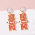 Fashionable Mother's Day rugby ball MOM earrings with white pearls and red enamel - Orange Red