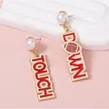 Rugby themed pearl earrings featuring red and white Touchdown pendants in gold finish - Red