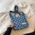 Blue and white checkered denim tote bag with frayed edges and matching crossbody strap - Light Blue