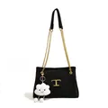 Elegant black tote bag with gold T-logo and a cute white cloud plush pendant - Black With Pendant