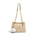 Apricot large tote bag with pleated texture, gold chain strap and plush pendant - Khaki With Pendant