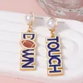 Faux pearl football drop earrings with blue Touch Down enamel lettering and gold accents - Blue