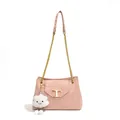 Pink leather tote bag with gold T-logo, chain strap and white cloud charm accessory - Pink With Pendant