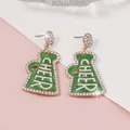 Sparkling rhinestone-studded green cheer megaphone earrings with white pearls - Green