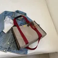 Bolso tote grande de lona topo con rayas rojas y ribete de cuero para oficina diaria - Gris Grande
