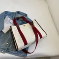 Bolso tote de lona blanco roto con asas de rayas burdeos y ribetes de cuero marrón - Blanco Roto Grande