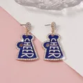 Sparkling cheerleader megaphone drop earrings with white crystals and blue cheer motif - Blue