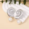 Silver conch shell earrings with white pearl drop on elegant neutral background - Silver Conch with Large Pearl Drop (Style F)