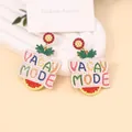 Colorful handmade seed bead earrings with VACAY MODE text and floral studs for summer - Vacay Mode Letters (VACAY MODE) / Yellow Red