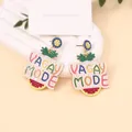 Handmade beaded 'VACAY MODE' drop earrings with bohemian sun flower stud detail - Vacay Mode Letters (VACAY MODE) / Yellow Dark Blue