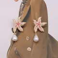 Detail of starfish dangle earrings with pink zircons and white teardrop pearls - Pearl Rose Red