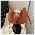 Orange croc-effect half-moon handbag with vintage gold buckle and adjustable strap - Dark Brown
