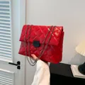 Chic red quilted shoulder bag with glossy finish and dark grey chain strap - Rose Red