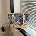 Ethnic geometric pattern tote bag in blue and pink with beige leather handles - Khaki