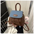Mini retro denim and brown leather backpack with pink plush monster keychain - Brown with Pendant / Dark Brown