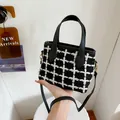 Sac à main chic en tweed à damier noir et blanc avec poignées en cuir et bandoulière réglable - Noir sans Pendentif