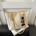 Chic cream white large capacity tote bag with brown straps and plush charm detail - White With Pendant