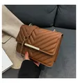 Brown PU leather crossbody bag with V-shaped quilting and gold chain strap - Dark Brown