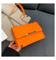 Bright orange quilted PU leather crossbody bag with V-pattern and gold metal clasp - Orange