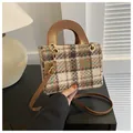 Vintage Tweed-Handtasche in Braun und Grün mit verstellbarem Schulterriemen aus Leder - Khaki