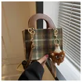 Green houndstooth wool tote bag with brown leather handle and cute monster charm - Green with Charm