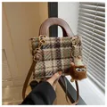 Brown houndstooth tweed small tote bag with plush monster charm and leather strap - Khaki With Pendant
