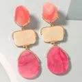 Bohemian geometric teardrop earrings with pink marble resin and gold metal accents - Dark Pink And Beige Splicing