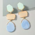 Detail of colorful resin drop earrings with marble texture and beaded gold frames - Light Green Orange And Blue Splicing