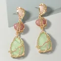 Bohemian dopamine colorful resin drop earrings with gold wire wrap in tiered design - Metal Wrapped Pink And Green Splicing