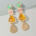 Detail of bohemian drop earrings with colorful resin shapes and hammered metal teardrops - Gold Frame Green Pink And Yellow Splicing
