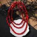 Collier gothique multicouche avec crânes rouges et perles brillantes pour Halloween - Rouge