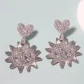 Silver alloy sunflower and heart drop earrings with vintage facial relief design - Silver