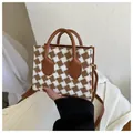 Bolso tote de lana a cuadros marrones con asas de cuero y correa de hombro mujer - Marrón Oscuro