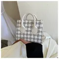 Mini bolso bandolera cuadrado de lana de pata de gallo gris con asa de cuero beige - Gris
