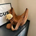 Brown corduroy crossbody bag with adjustable strap and small plush bear charm - With Pendant / Dark Brown