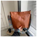 Brown soft leather tote bag with a wide ethnic embroidery guitar shoulder strap - Dark Brown