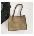 Große Retro-Tragetasche in Khaki mit braunem Lederbesatz und goldenen Nieten für Damen - Khaki