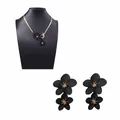 Elegant gold necklace and earring set with matte black flower pendants and OT clasp - Necklace and Earring Set / Black