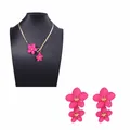 Elegant gold necklace with OT buckle and pink painted flower pendant jewelry set - Necklace and Earring Set / Rose Red